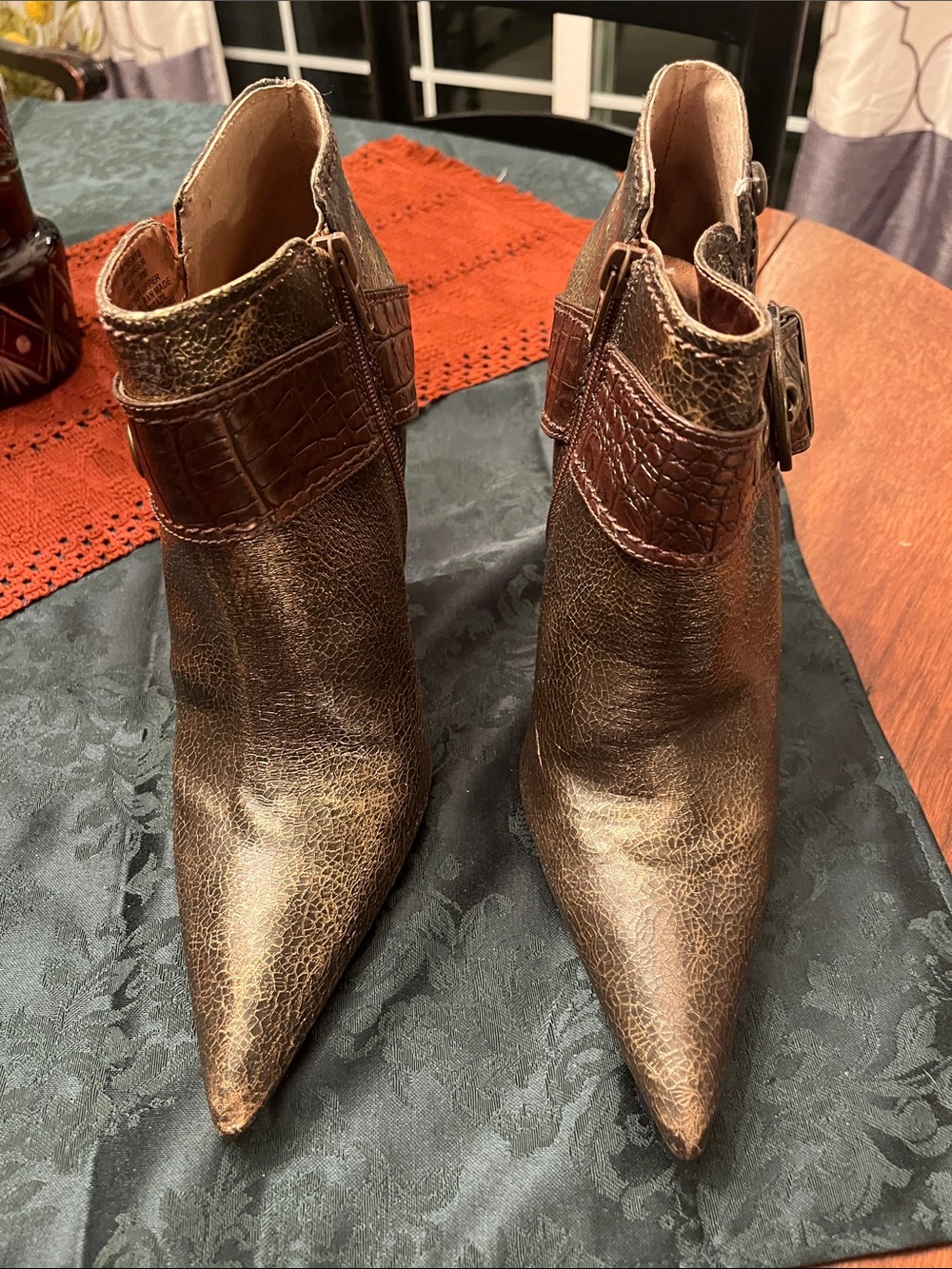 Carlos by Carlos Santana Metallic Copper Pointed Ankle Booties with Buckle